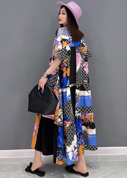 Italian Purple Peter Pan Collar Patchwork Wrinkled Print Chiffon Shirt Dresses Short Sleeve