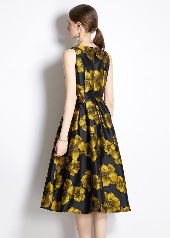 Yellow O-neck Print Silk a Line Dress Sleeveless