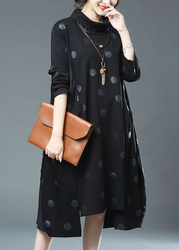 Black Dot Print Drawstring Patchwork Cotton Dresses Fall
