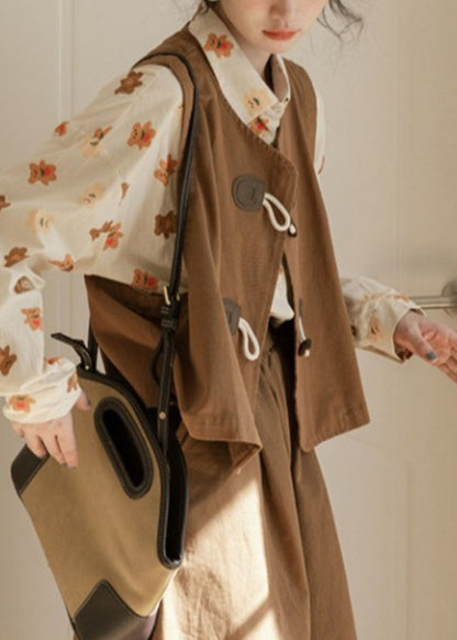 Unique Caramel O-neck Patchwork Button Waistcoat Fall
