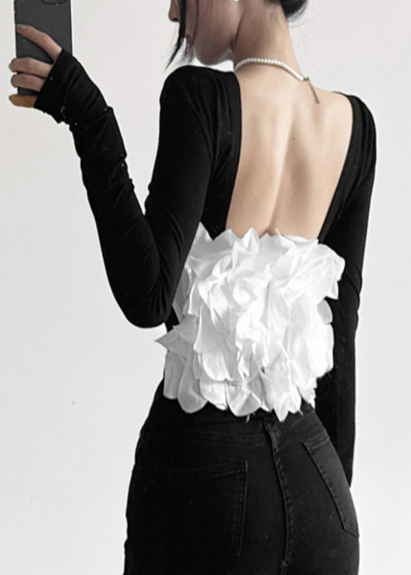 Black Patchwork Hollow Out Backless Top Fall