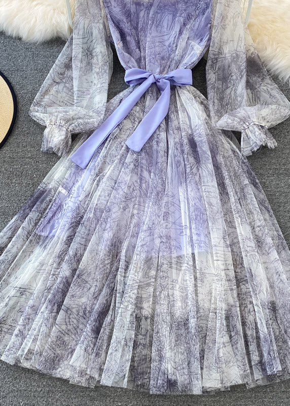 Purple O-neck Bow Tulle Long Dress Puff Sleeve