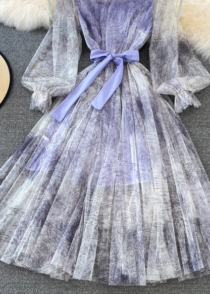 Purple O-neck Bow Tulle Long Dress Puff Sleeve