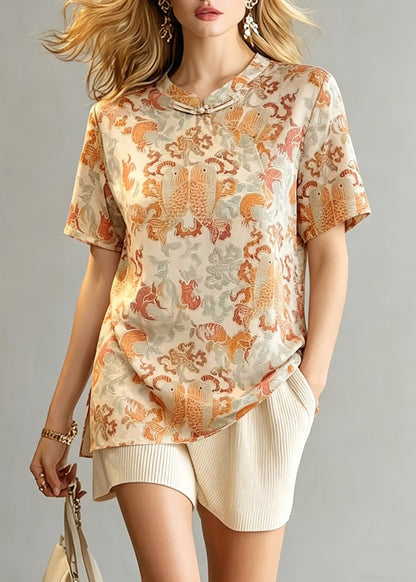 Chinese Style O-neck Print Side Open Tops Summer