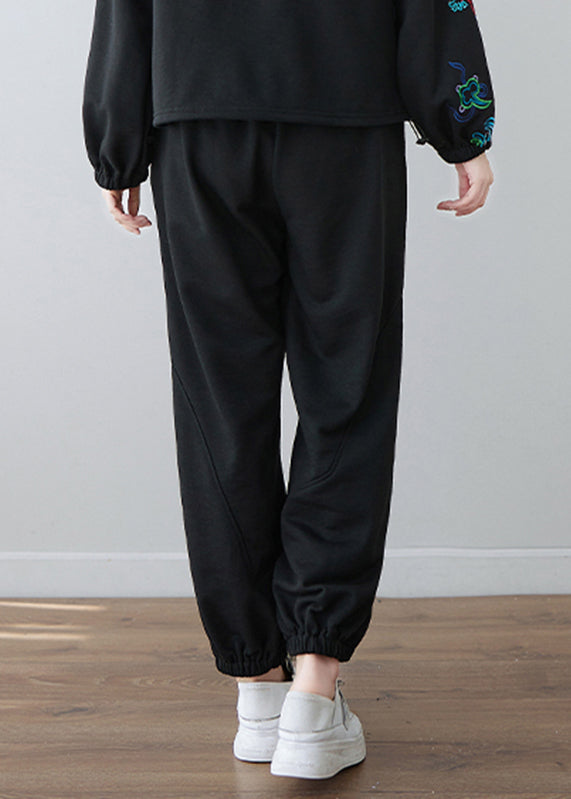 Black Embroideried Pockets Elastic Waist Pants Fall