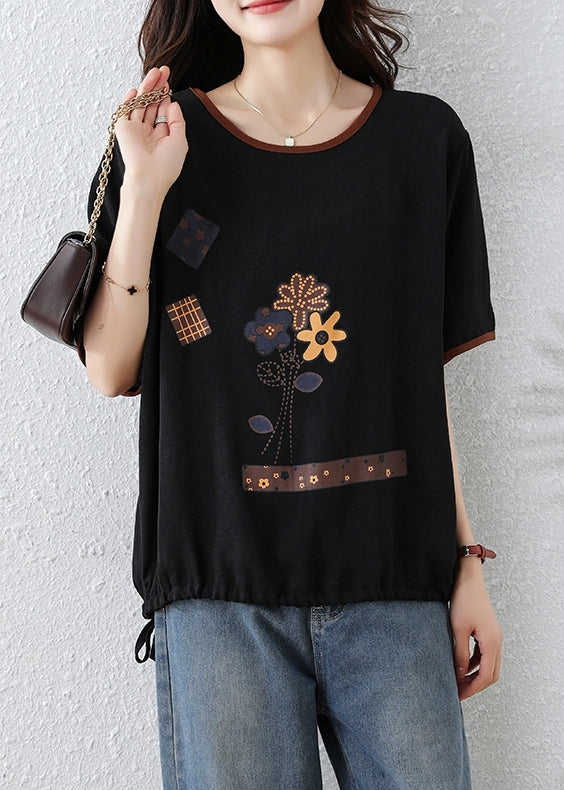 Black O Neck Print Lace Up Cotton T Shirt Summer