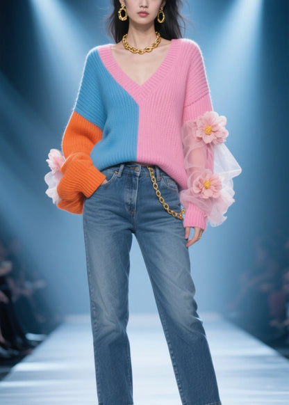 Colorblock V Neck Tulle Patchwork Knit Sweater Fall