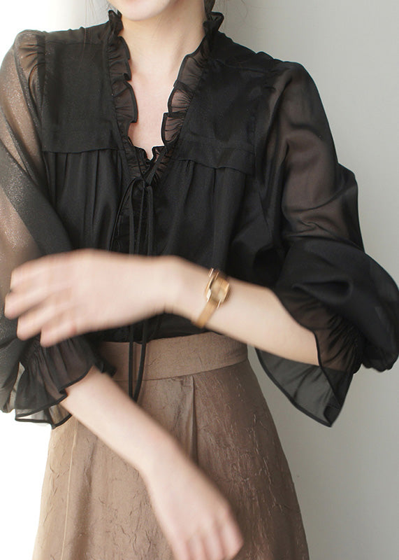 French Black V Neck Ruffled Silk Shirts Spring