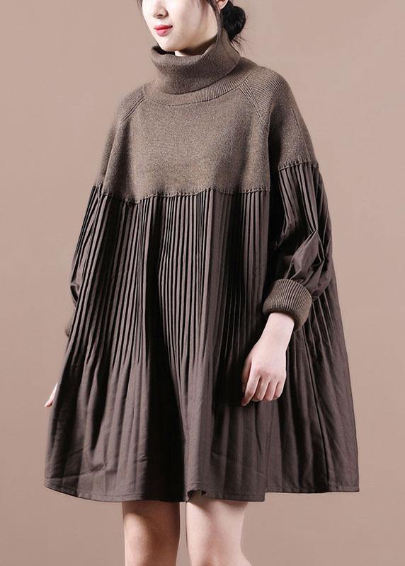Chocolate High Neck Patchwork Fall Sweater Dress