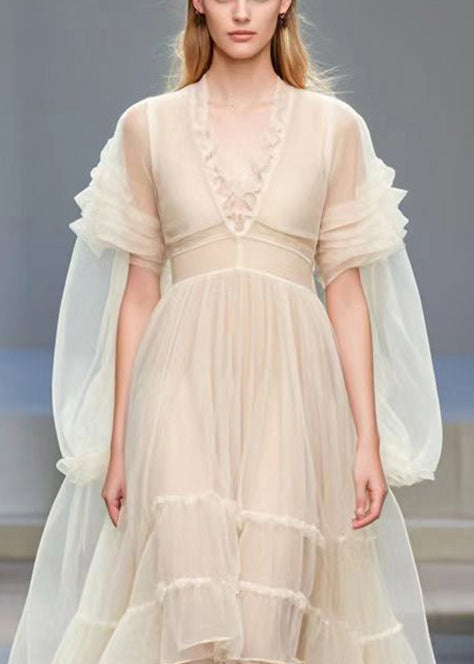 Apricot V Neck Exra Large Hem Silk Dress Cloak Sleeves