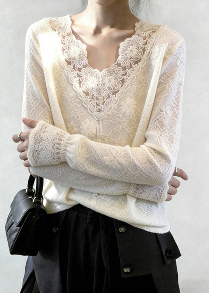 White V Neck Patchwork Jacquard Lace Shirt Tops Spring