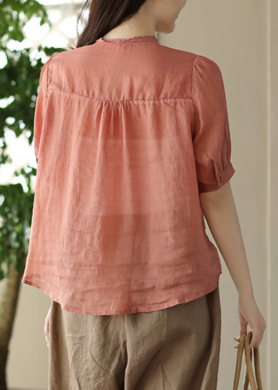 Fine Orange O-neck Patchwork Hollow Out Button Ramie Shirts Short Sleeve