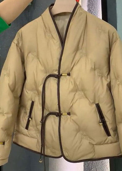 Chinese Style Khaki V Neck Patchwork Fine Cotton Filled Coats Winter