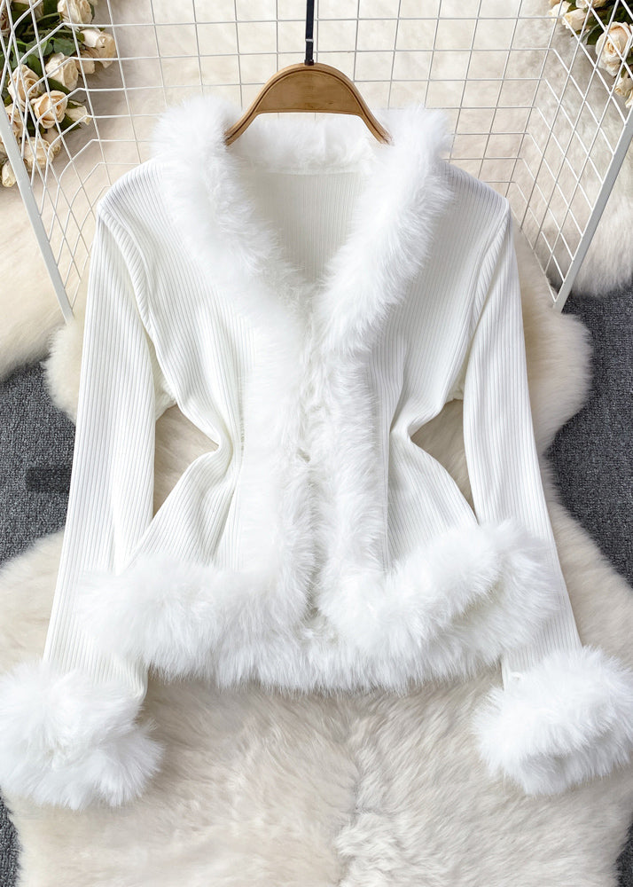 Brown Fur Collar Patchwork Cotton Knit Sweater Flare Sleeve