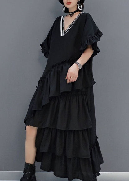 Art Black V Neck Ruffled Asymmetrical Long Dress Spring