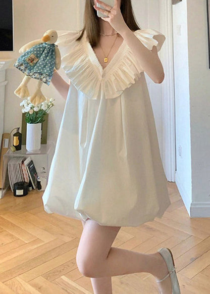 White V Neck Ruffled Mid Dress Short Sleeve
