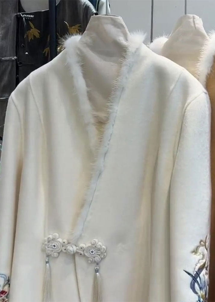 White Fur Collar Button Woolen Coat Long Sleeve