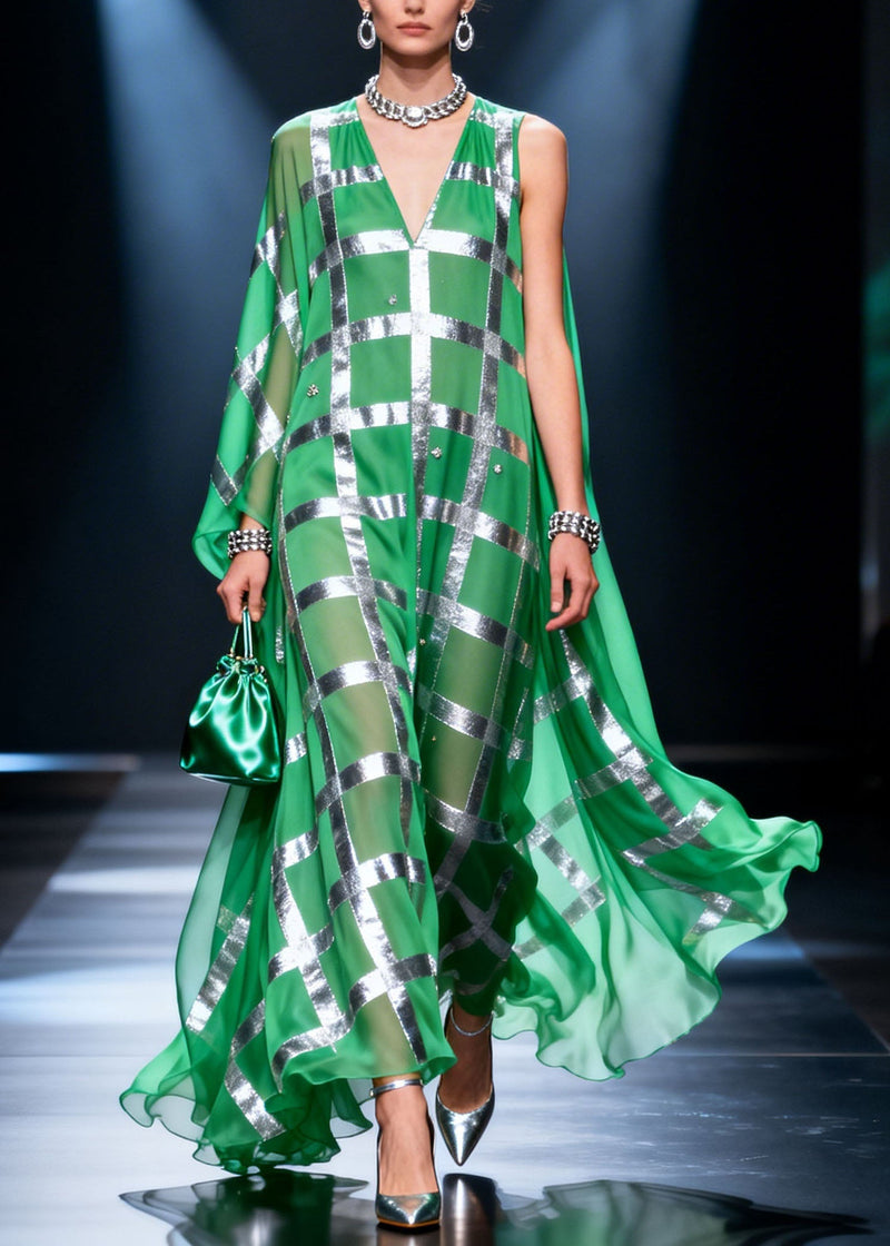Green V Neck Print Chiffon Long Dress Summer
