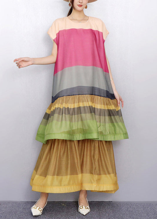 Pink Tie Waist Patchwork Bold Color Cotton Long Dresses O-neck Summer