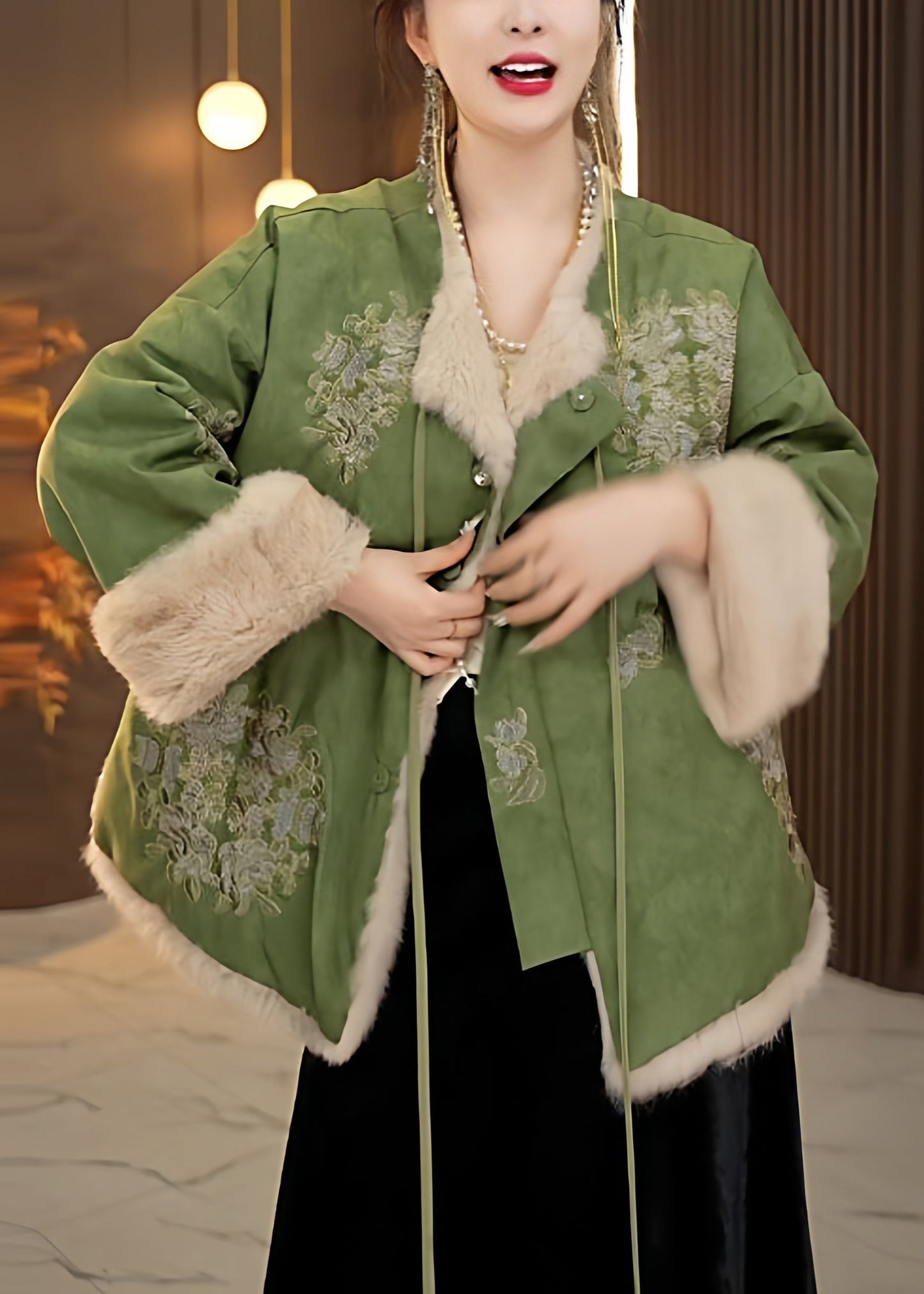 Chinese Style Green Lace Up Fluffy Patchwork Warm Fleece Coats Winter