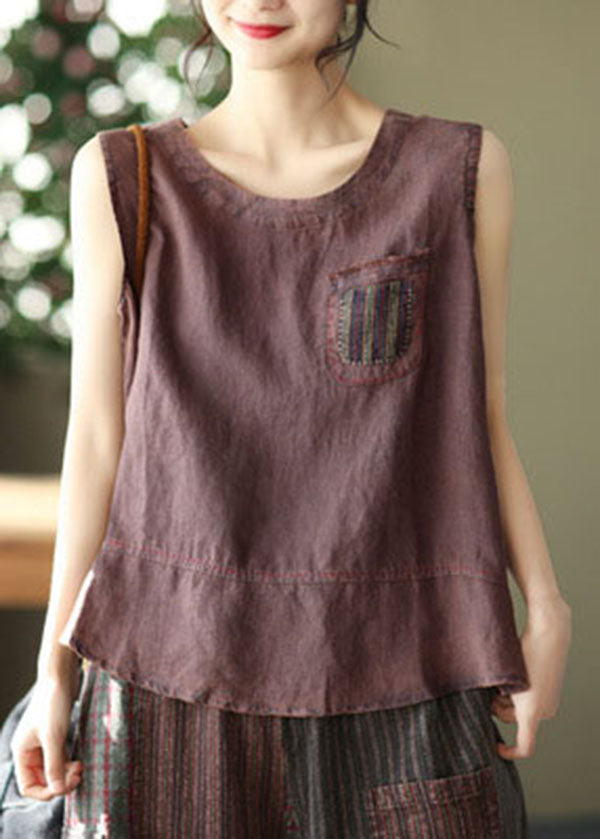 Brown Pocket Patchwork Linen Tanks O-neck Sleeveless