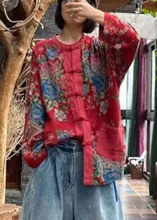 Red O-neck Print Button Pockets Cotton Top Long Sleeve