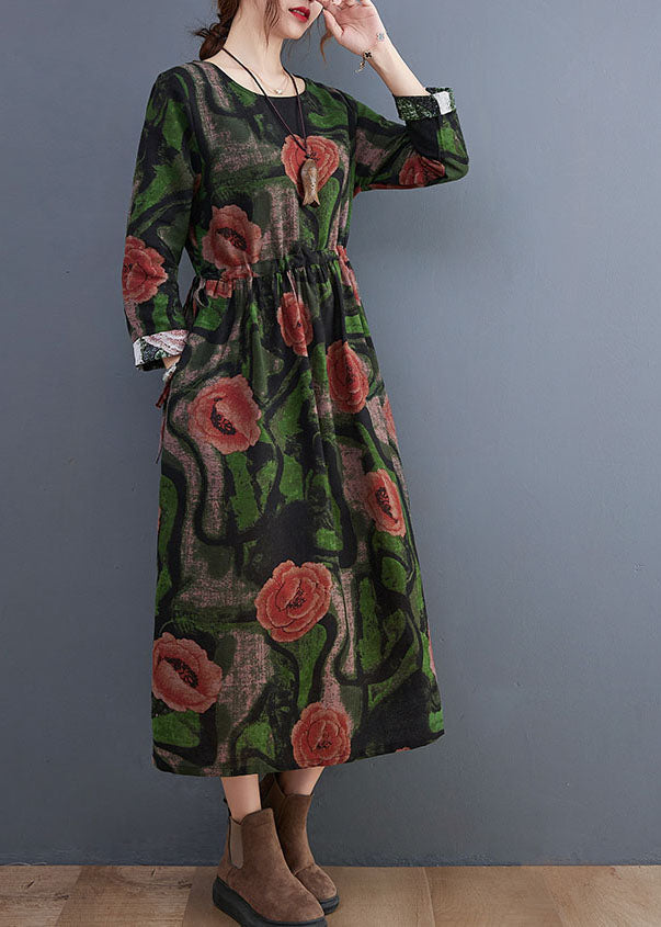 Green O-neck Print Cotton Long Dress Long Sleeve