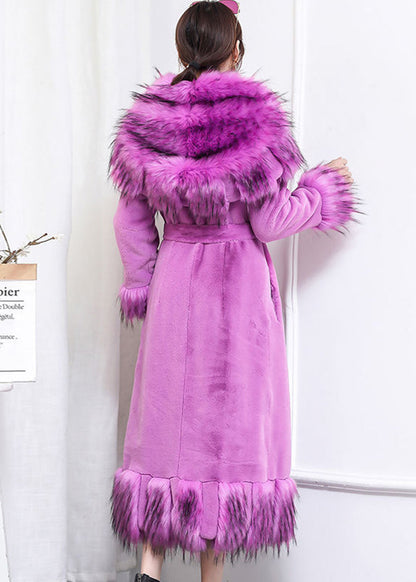 Purple Fur Collar Patchwork Tie Waist Faux Fur Long Coat Winter