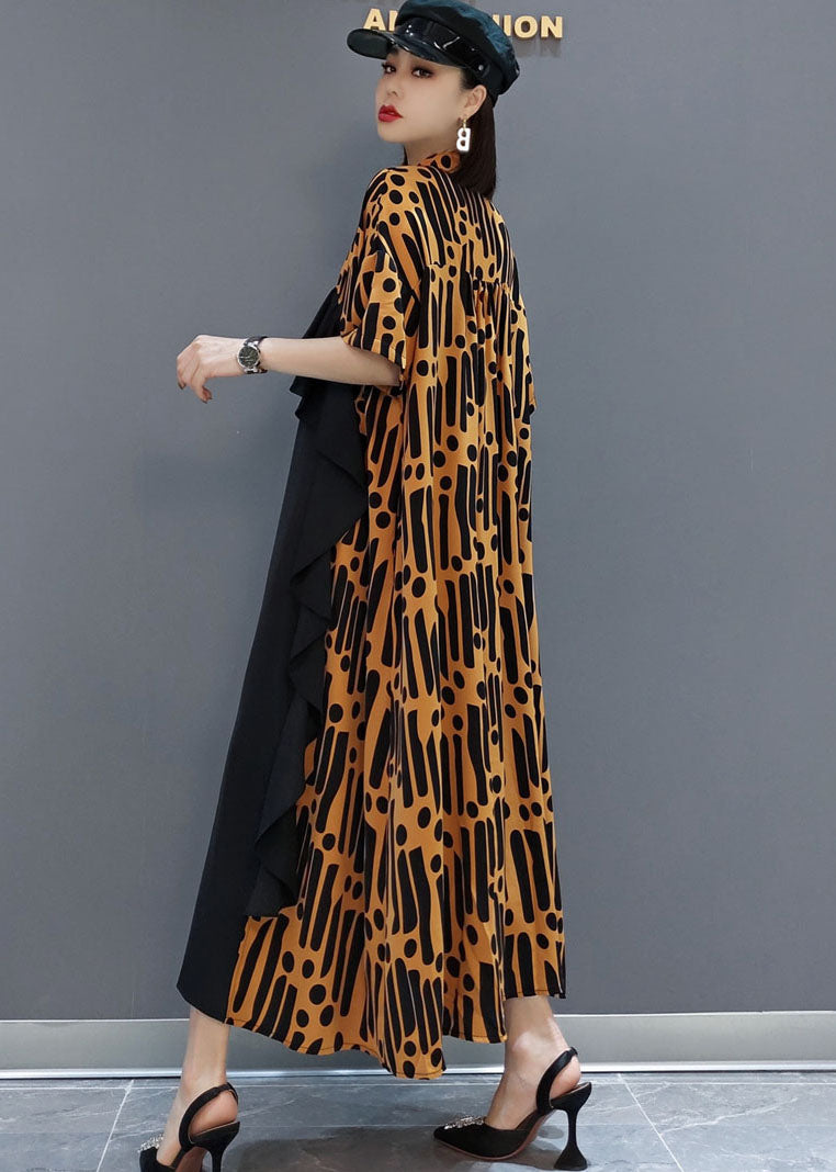 Yellow Button Ruffled Patchwork Chiffon Long Dress Spring