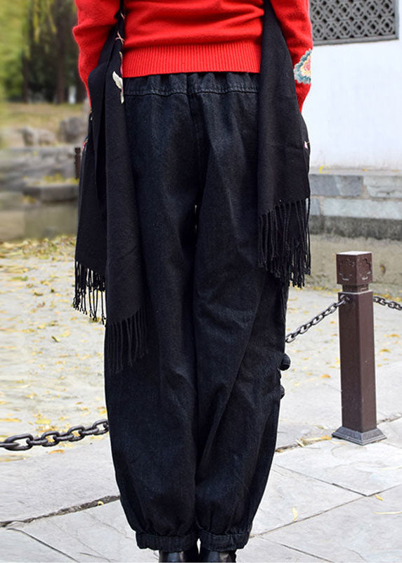 Black Grey Elastic Waist Embroideried Pockets Cotton Denim Harem Pants Spring