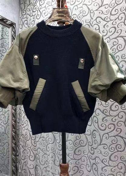 Early Spring Army Green O-neck Patchwork Knitted Top