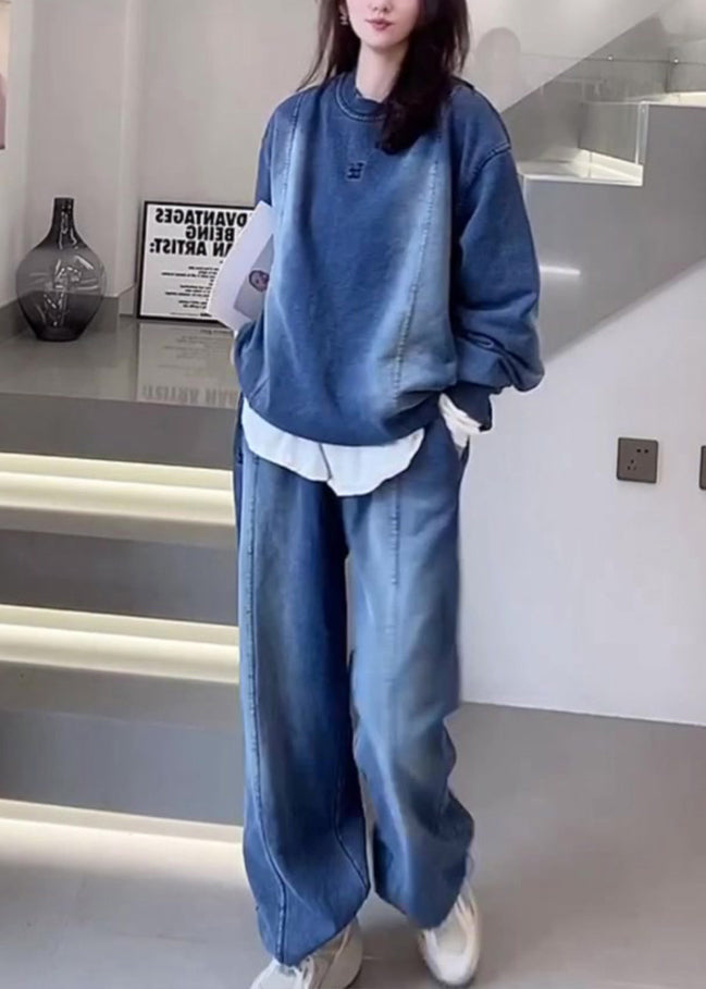 Blue Oversized Patchwork Denim Two Pieces Set Spring