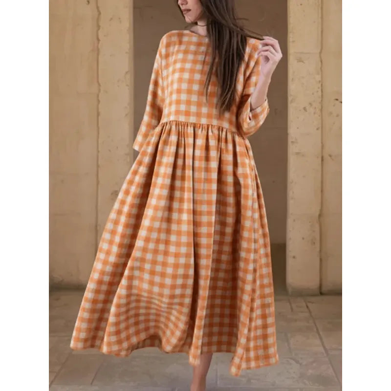 Classy Yellow Plaid Ruffled Wrinkled Pockets Fall Patchwork Vacation Dresses Long Sleeve
