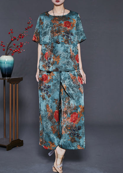 Diy Sea Blue Oversized Print Silk Two Pieces Set Summer