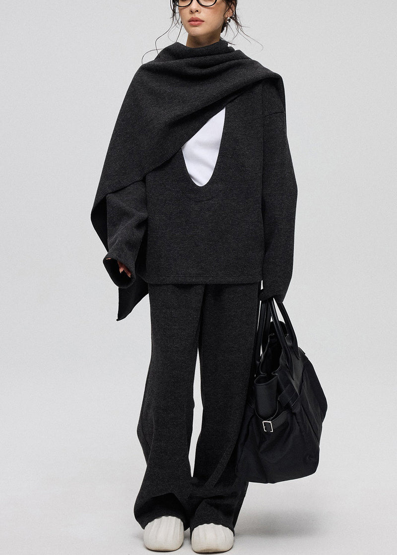 Dark Gray U Neck Cashmere Three Piece Set Winte