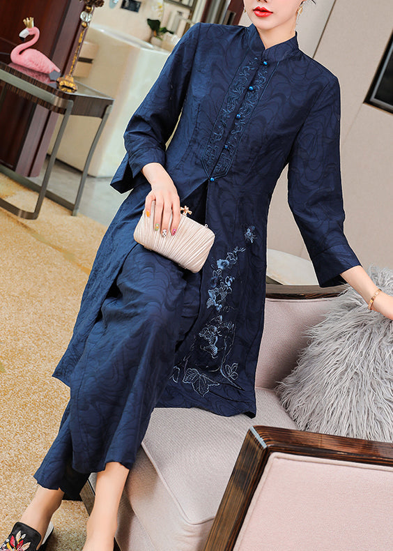 Navy Silk Two Pieces Set Embroideried Stand Collar Button Spring