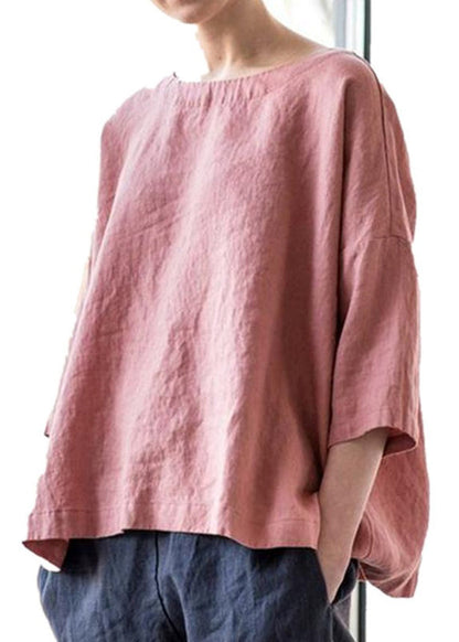 Simple Purple O-neck Cotton Blouse Bracelet Sleeve