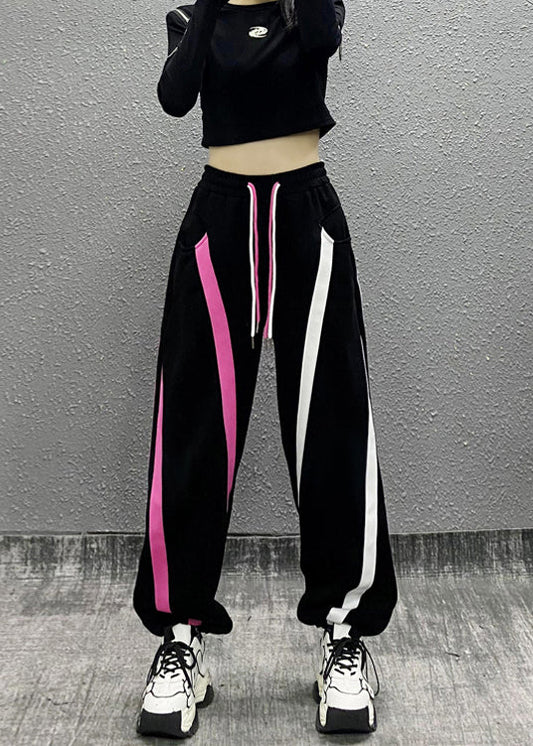 Black Pockets Patchwork Warm Fleece Sport Pants Winter