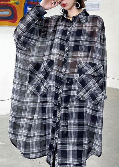 Black Plaid Summer Asymmetrical Long Sleeve Chiffon Shirt