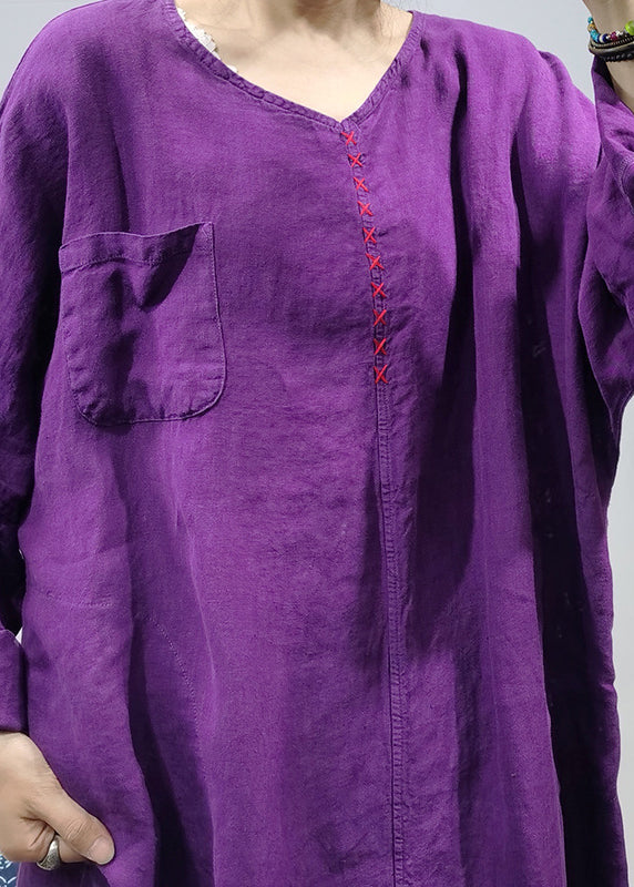 Loose Purple V Neck Side Open Embroideried Pocket Linen Dresses Long Sleeve