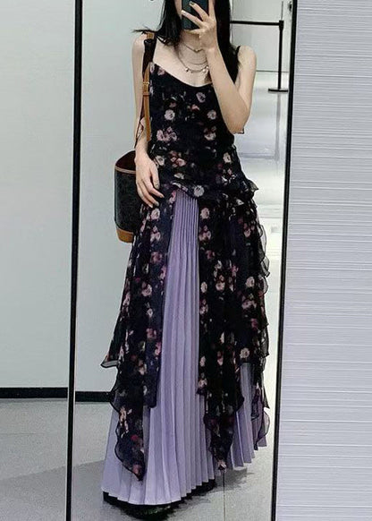 Black Ruffled Print Chiffon Two-piece Set Sleeveless