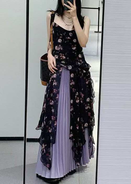 Black Ruffled Print Chiffon Two-piece Set Sleeveless