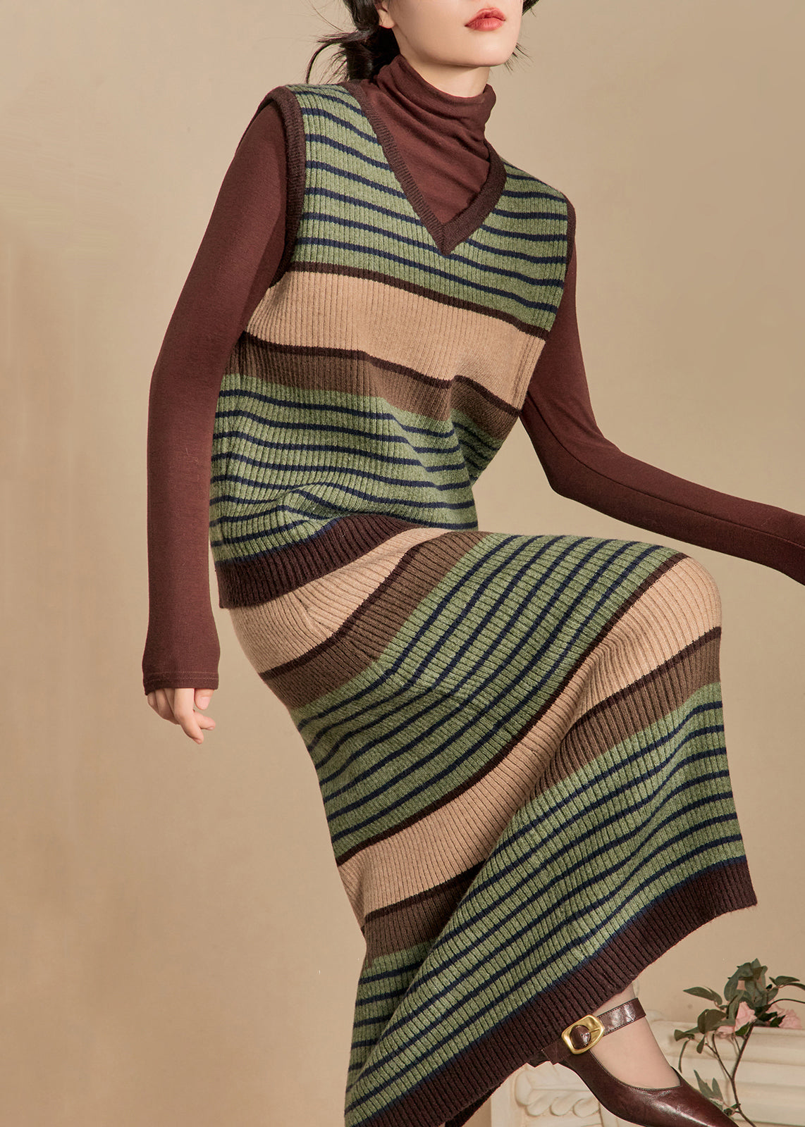 New Green Striped Vest and Skirts Knit Two Pieces Set Sleeveless