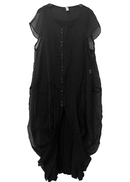 Black Asymmetrical Wrinkled Silk Dress Two Piece Set Summer