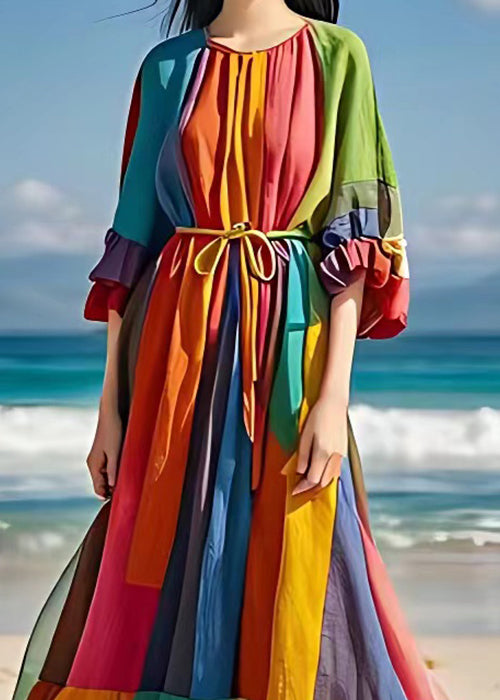 Rainbow Tie Waist Wrinkled Cotton Maxi Dresses Half Sleeve