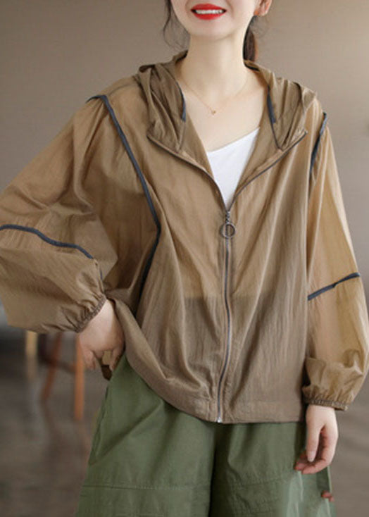 Khaki Patchwork Cotton Upf 50+ Coat Hooded Oversized Long Sleeve