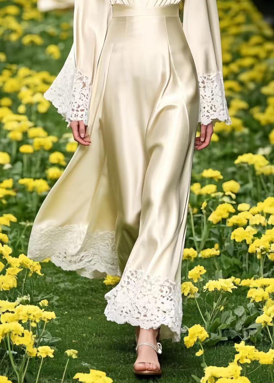 Champagne Patchwork Lace Draping Silk Long Dresses Spring