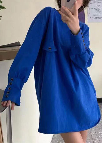 Blue O Neck Side Open Cotton Tops Fall