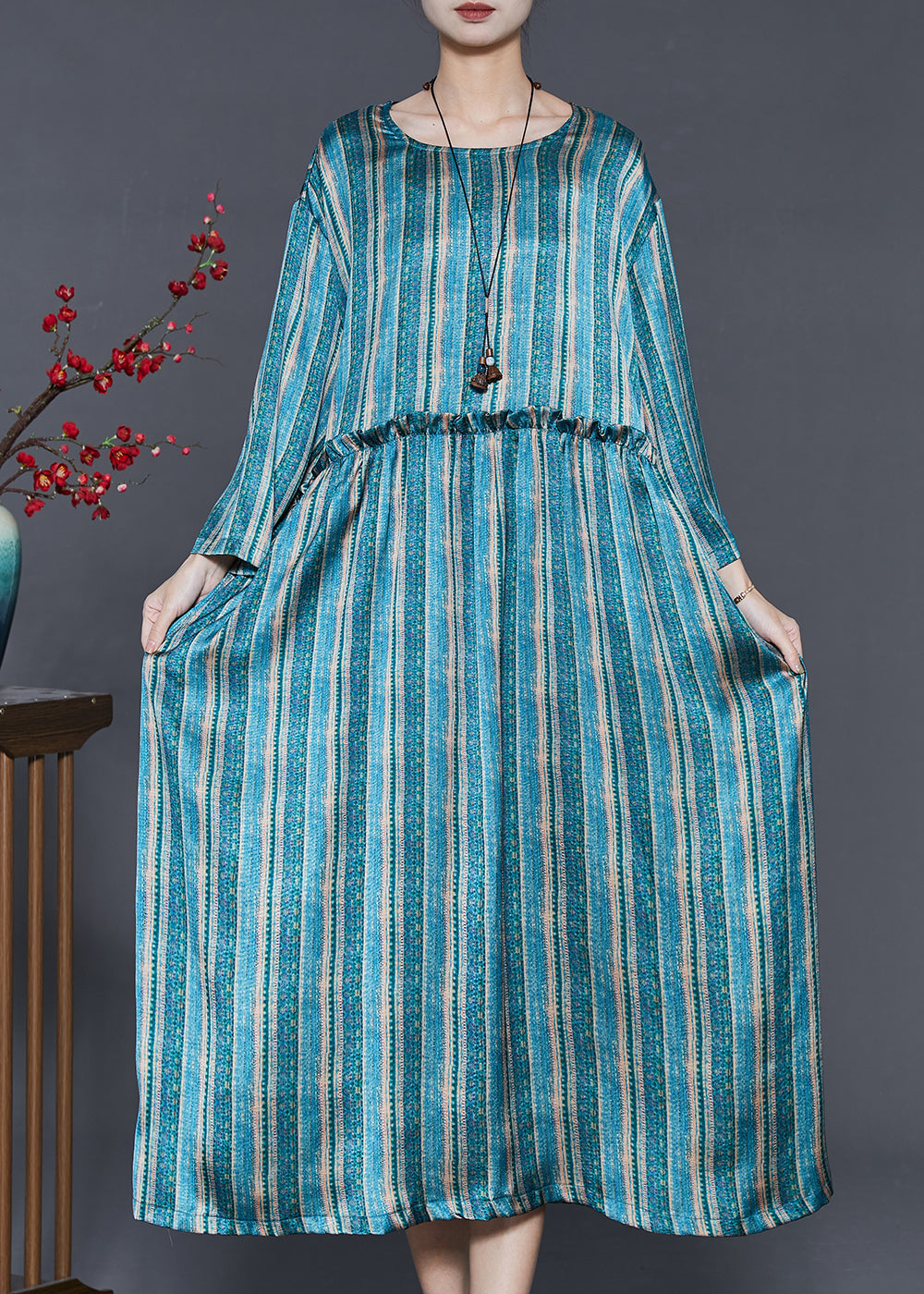 Blue Ruffled Striped Cotton Dress Spring