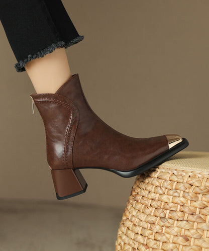 Brown Cowhide Leather Zippered Splicing Chunky Heel Boots